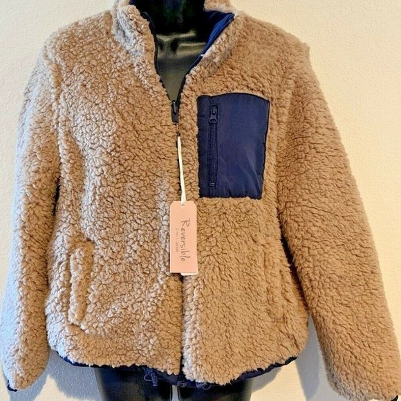 Forever 21 Teddy bear faux fur shearling reversible blue nylon jacket po… - Picture 3 of 9